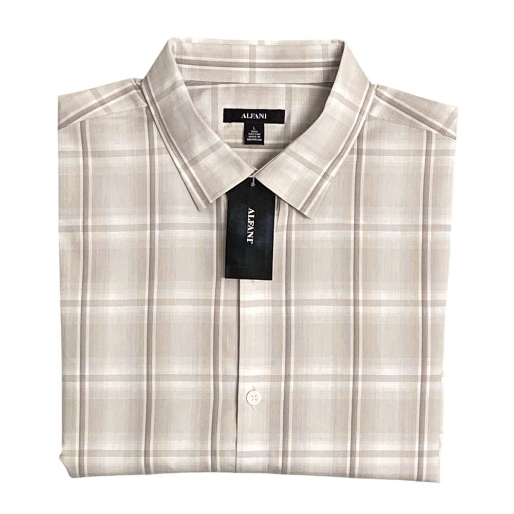 Alfani Dress Shirt Men's XXL Button-Up Shirt Light Brown Window Pane Cotton NWT